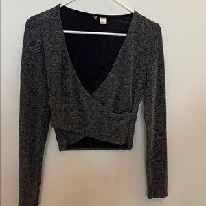 Divided Black Glitter Wrap Blouse